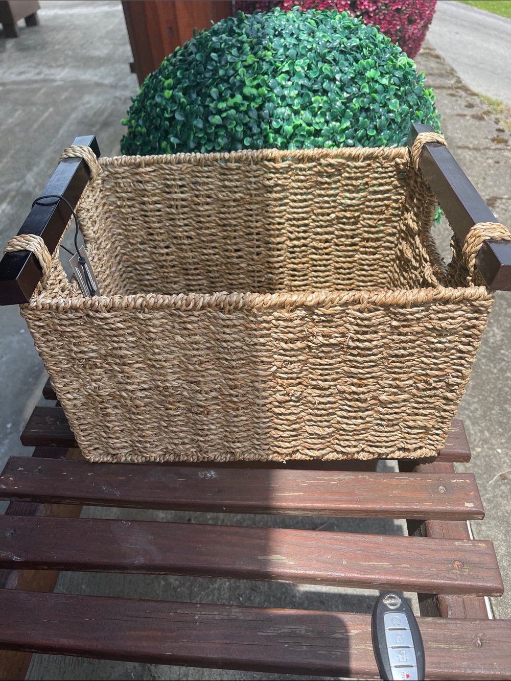 NWT Woven Seagrass Storage Basket with Dark Wood Handles - Picture 2 of 2